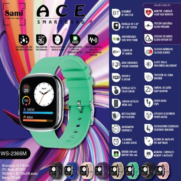 RELOJ SAMI WEARABLE SMARTBAND 3ATM ACE MENTA/PLATA - Image 2